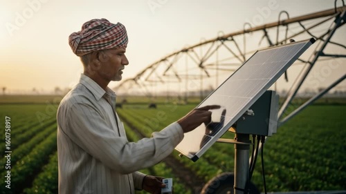 Indian Farmer Using Solar Powered Irrigation System at Sunset