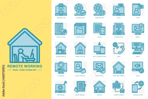 Remote working blue color icons set. contain app camera on, chat, scan, download, email, home office, network, input and more. Vector for modern concept, print, UI, UX kit, web and app development.