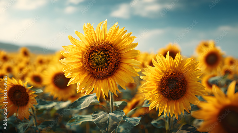 Fototapeta premium Vibrant Field of Sunflowers Under Blue Sky with Soft Clouds and Lush Green Leaves