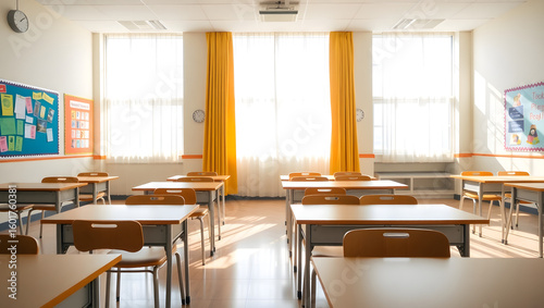 Bright sunlight illuminating an empty classroom. Rows of desks and chairs in a school setting, ideal for education concepts.