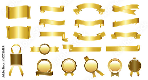 Elegant Gold Ribbon and Badge Set – Vector Decorative Elements for Awards and Celebrations
