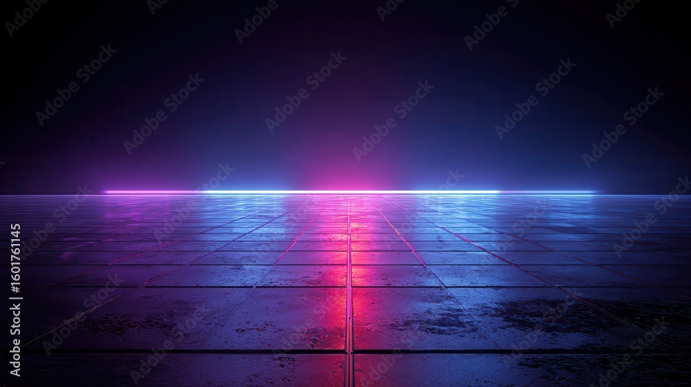 Obraz premium 3d technology abstract neon light background, empty space scene, spotlight, dark night, virtual reality, cyber futuristic sci-fi background, street floor studio for mock up.