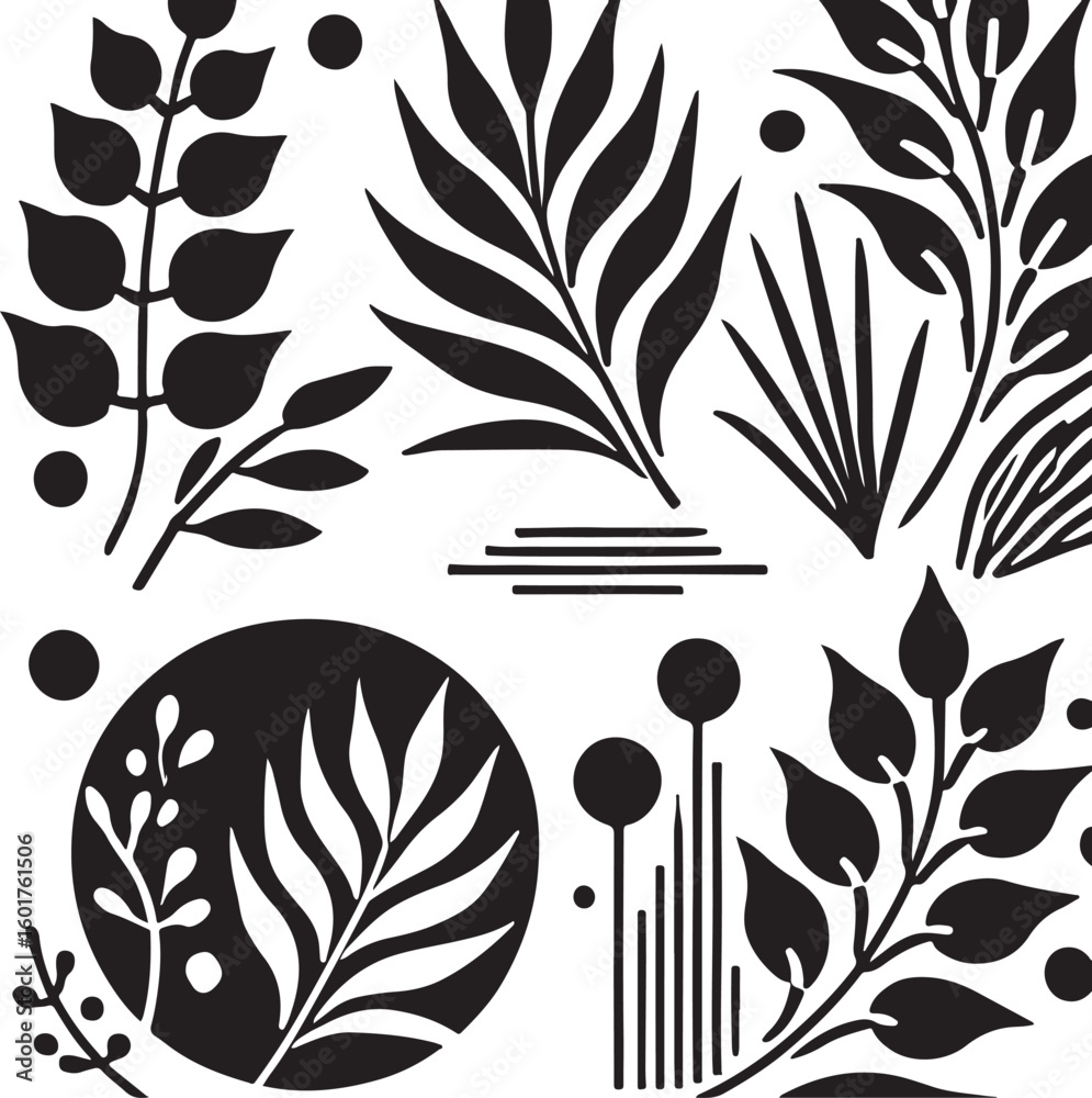 Abstract botanical elements collection isolated on transparent background