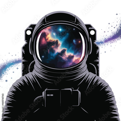 Astronaut helmet reflecting vibrant cosmic nebula and distant stars reflection