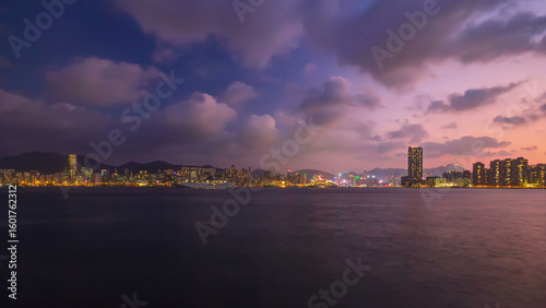 Photography Hong Kong day to night, view from Kowloon bay downtown timelapse