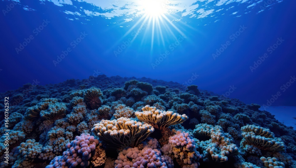 Naklejka premium Sunlit Coral Reef Seascape: Underwater Paradise, Ideal for Travel, Nature, and Ocean-Themed Designs