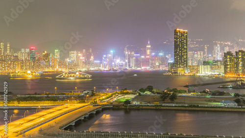 Photography Hong Kong day to night, aerial view from Kowloon bay downtown timelapse