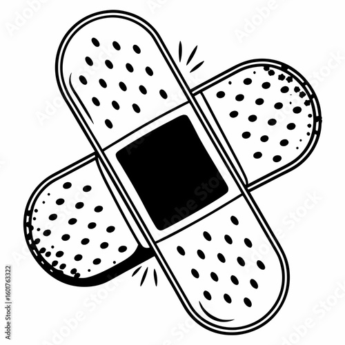 Two overlapping adhesive bandages in black and white, showing a simple medical illustration.