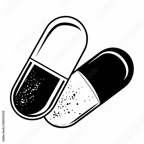 Two stylized black and white medicine capsules, overlapping, showing a detailed design.