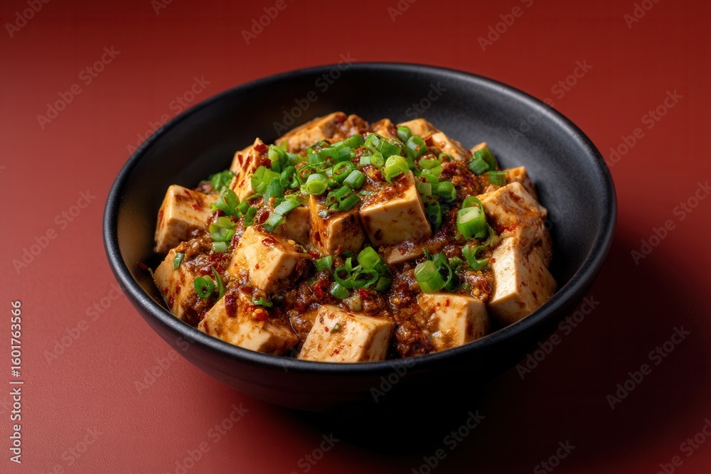 Authentic spicy mapo tofu with chili oil in black ceramic bowl against brick red backdrop Authentic spicy mapo tofu with chili oil in black ceramic bowl against brick red backdrop