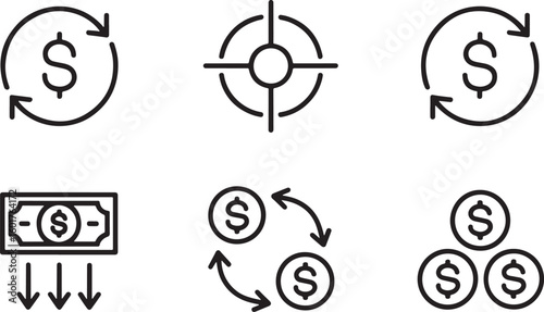Financial Icons Embodying Commerce, Exchange, and Monetary Concepts Depicting Spending and Investment Strategies for Profit Generation and Market Targeting with Coins