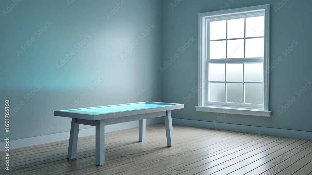 Fototapeta premium Empty room with glowing table and window