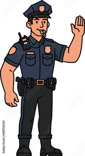 A friendly cartoon police officer in a blue uniform, waving his hand and blowing a whistle. Vector illustration of a lawman character.