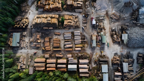 Aerial view of a lumber yard.  Stacked logs, processing area, and machinery