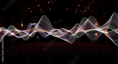 Abstract colorful light painting wave form over empty dark theatre seating, concept for stage design performance, data visualization, entertainment technology.