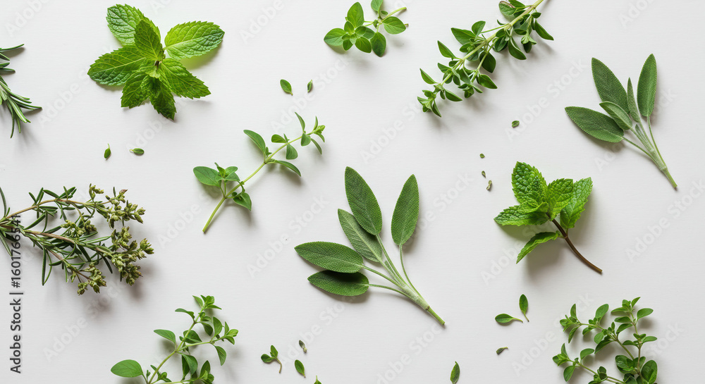 Obraz premium Assorted fresh herbs on white background