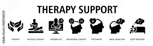Therapy Support Web Banner Glyph icon vector illustration concept with icon of therapy, physical therapy, therapeutic, behavioral therapy, psychiatry, drug addiction, sleep medicine
