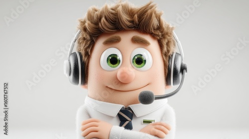 A cartoonish call center agent wears a headset with a bright smile and confident energy.