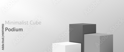 Minimal 3D realistic white and grey rectangle podium stand with three steps on a soft background. Perfect for cosmetic mockup, product display showcase, promotional sale banner or modern design