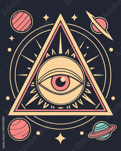 All seeing eye triangle with planets and stars eye of providence
