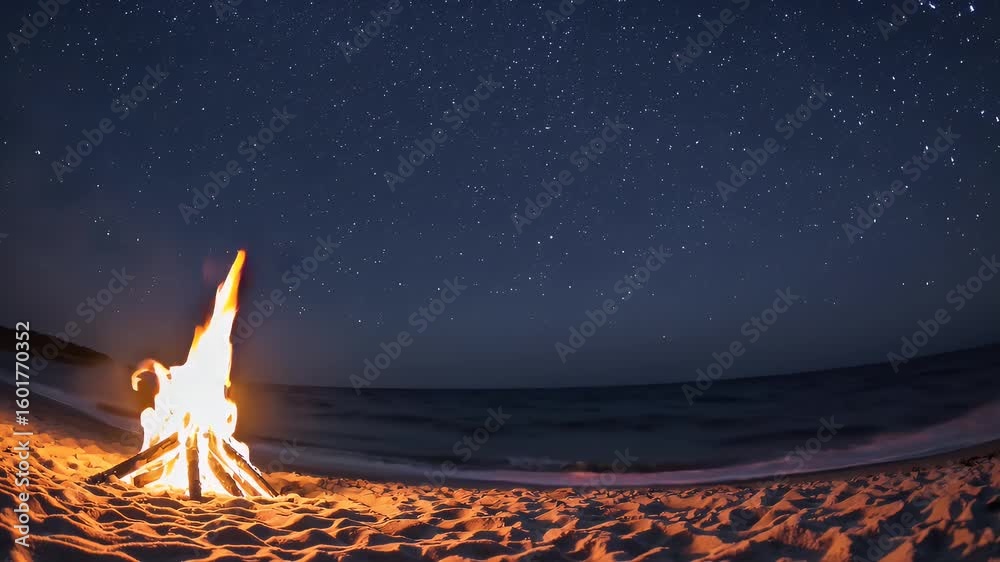 Immersive 4K night beach tableau vibrant bonfire flames dancing sand starry sky overhead rhythmic surf reflecting amber light creating adventurous camp scene travel ads relaxation