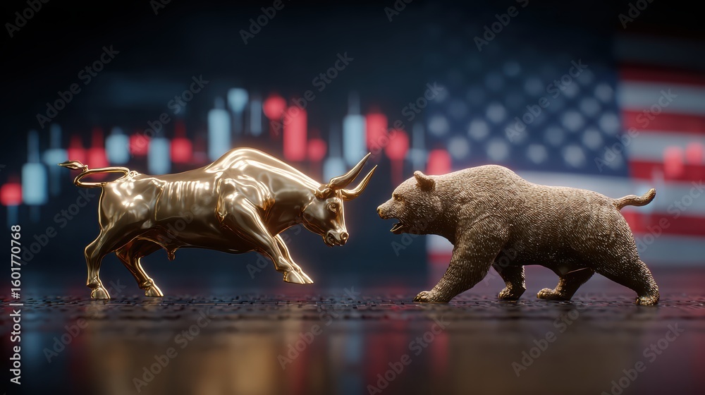 Fototapeta premium Bull and bear figurines facing each other with American flag