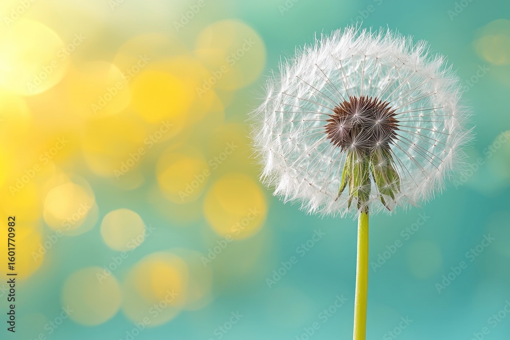 Fototapeta premium Close-up of dandelion seed head against a soft, teal and yellow bokeh background