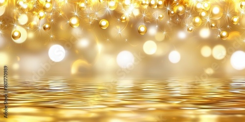 A shimmering golden background featuring soft glowing orbs and reflections on water, creating an elegant and festive atmosphere perfect for celebrations or luxury themes.