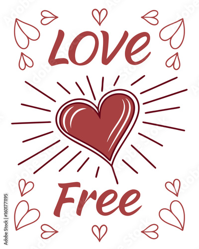 Red heart with radiating lines and love free text vector
