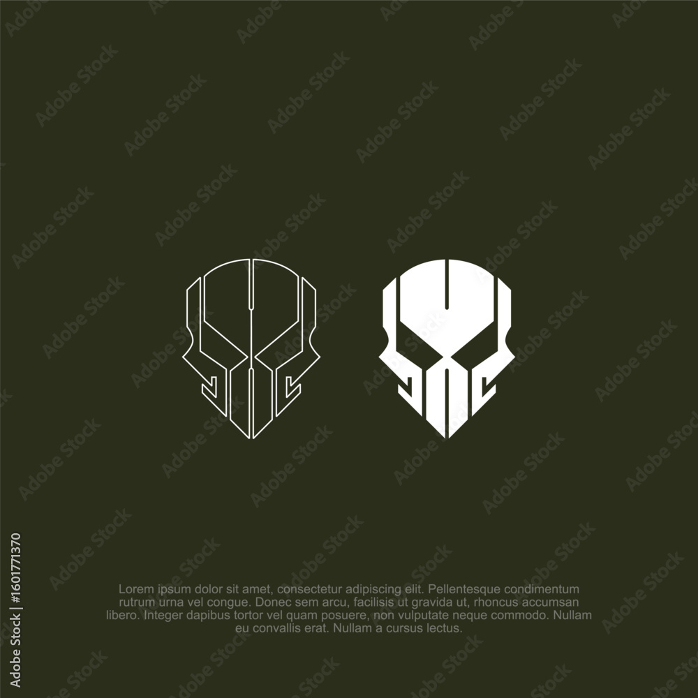 Obraz premium Geometric Vanguard: Abstract Depictions of Masked Figures Showcasing Modern Minimalist Design with Striking Symmetry and Bold Lines against a Dark Olive Background