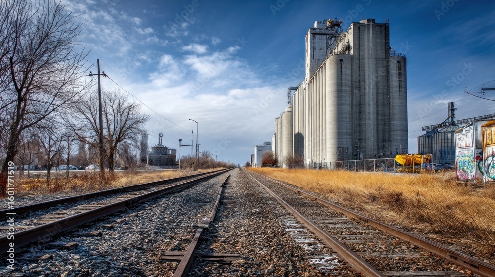 Fototapeta premium Industrial railroad tracks leading to silos
