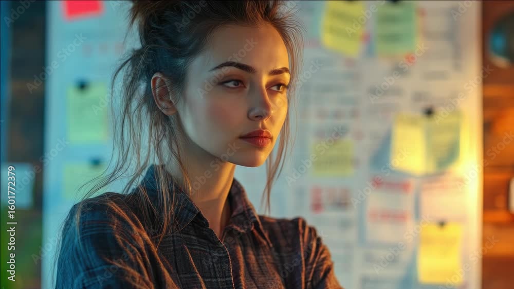 Woman in office setting, deep in thought.