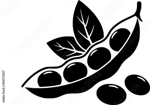 Stylish Black Silhouette Open Soybean Pod with Visible Beans and Two Leaves

