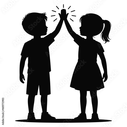 Children High-Fiving: Silhouette of Boy and Girl Celebrating Success.