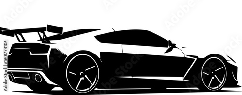 Sleek Black and White Graphic Illustration of a Modern Sports Car with Rear Wing
