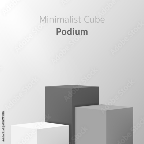 Minimal 3D realistic white and grey rectangle podium stand with three steps on a soft background. Perfect for cosmetic mockup, product display showcase, promotional sale banner or modern design