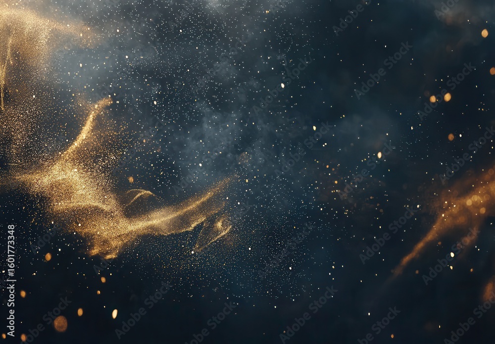 Fototapeta premium A mesmerizing swirl of golden dust dances against a dramatic dark backdrop, creating an enchanting and ethereal atmosphere, perfect for artistic and decorative themes.