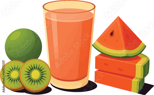🍉 Fresh Fruit Juice Vector! This vibrant illustration features a glass of tropical juice with kiwi, lime, and watermelon slices—perfect for menus, packaging, or summer designs. 🍹