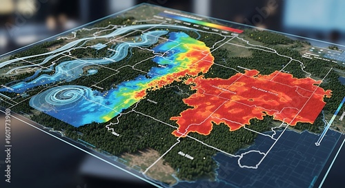 Interactive 3D model visualizing wildfire spread and wind patterns.