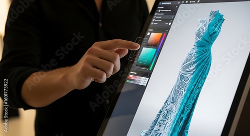 A designer uses a digital touchscreen to adjust the color palette of a 3D-rendered teal gown.