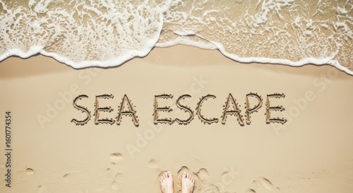 Text Sea Escape written in sand on beach with gentle waves washing ashore and two feet visible in foreground ocean water summer vacation travel holiday