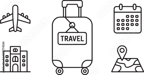 Travel Icons with Airplane, Luggage, Calendar and Map