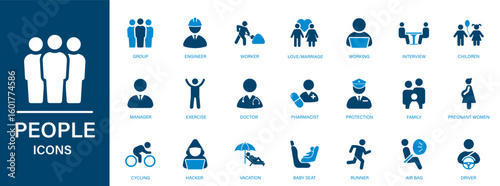 People icon set. Containing person, individual, group, team, community, user, customer, employee, family, human activities, work,...