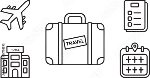 Travel Icons Set with Suitcase, Airplane, Hotel and Calendar