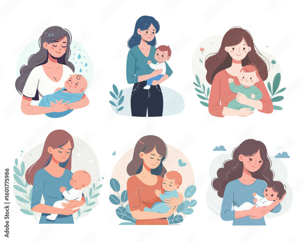 Fototapeta premium Set of Motherhood Bonding Moments with Baby Style Flat Design Vector White Background