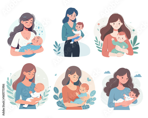 Set of Motherhood Bonding Moments with Baby Style Flat Design Vector White Background