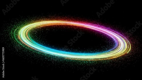 An oval shape of color gradients swirling around a dark void, resembling light trails or particle streams