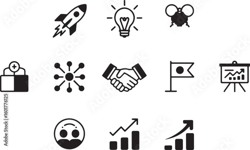 Rocket lightbulb handshake flag chart growth upside down face network connection launch spaceship
