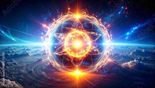 Wallpaper Mural An awe-inspiring illustration of a vibrant, radiant atom in space, surrounded by an energy field, with the earth in the background Torontodigital.ca