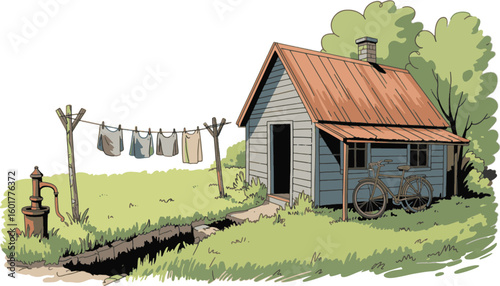 Rustic shed with clothesline and bicycle wooden blue